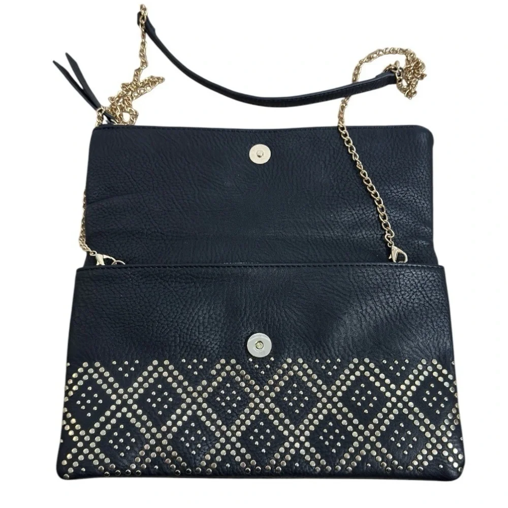 Madison West Stud Accent Fold-Over Clutch Crossbody Black with Gold Hardware